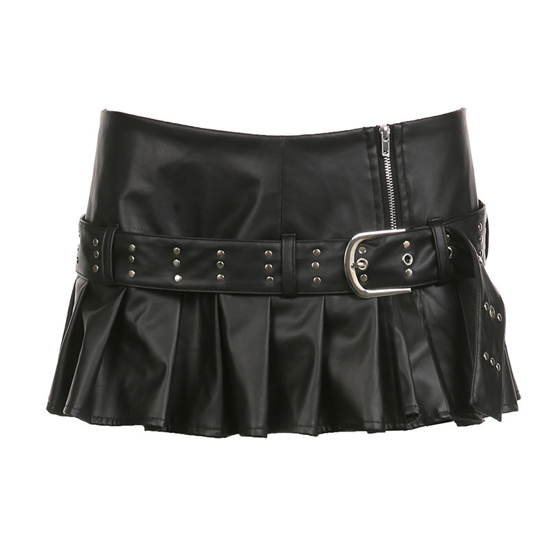 Dark Style Rivet Wide Belt Split Leather Low Waist Skirt