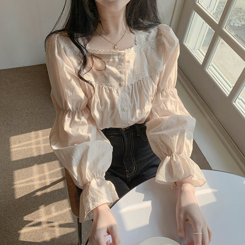 Niche Light Square Frill Collar Lace Shirt