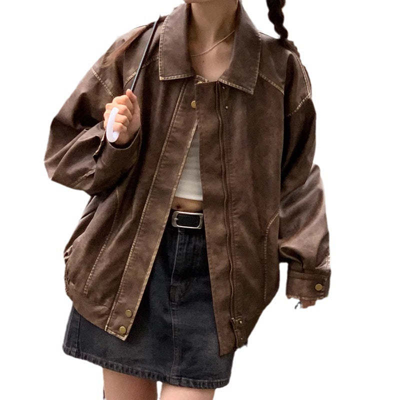 Retro Brushed Vintage Brown Leather Coat