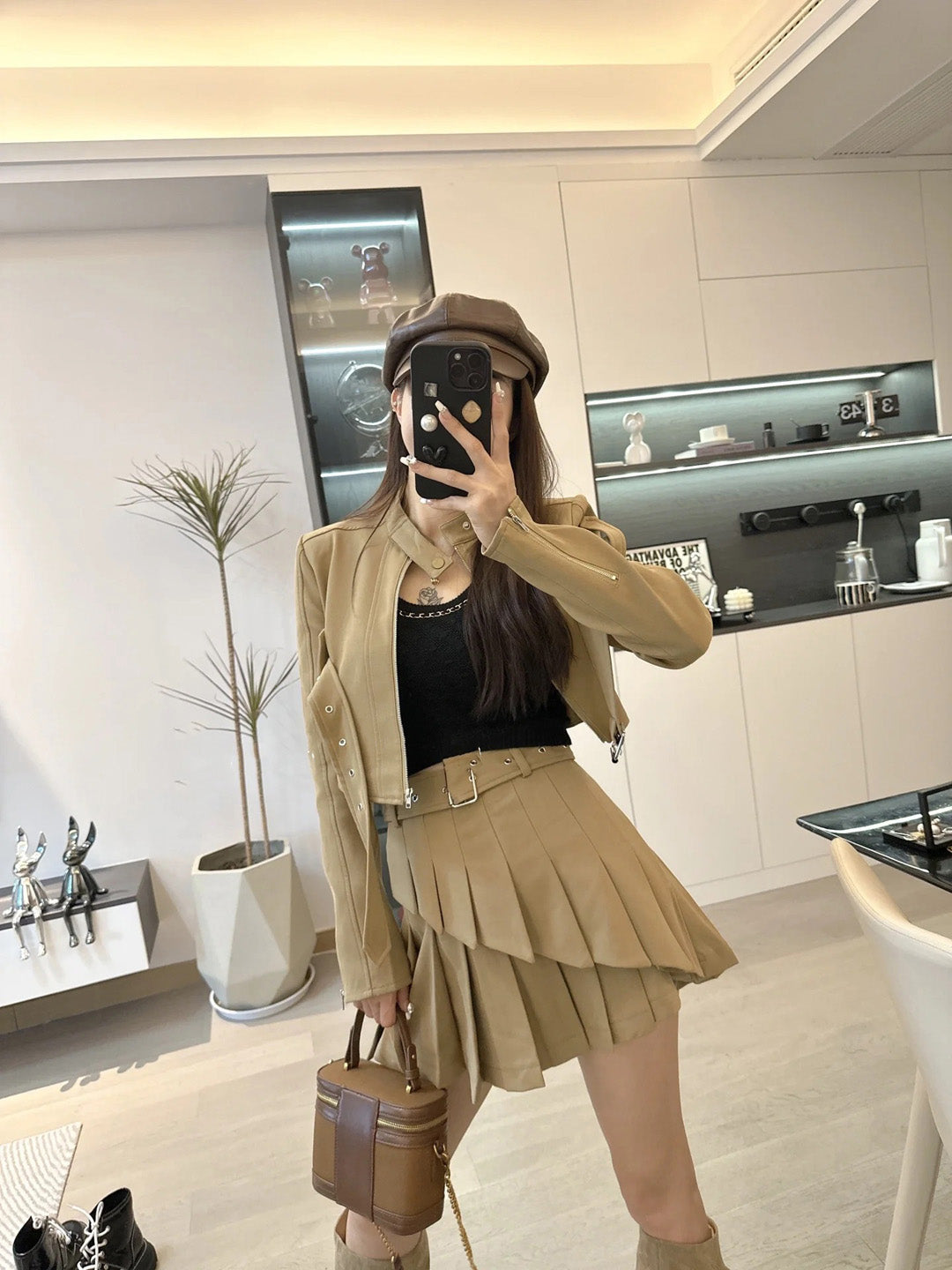 Oblique Zipper Lace-up Cutout Pleated Skirt Suit