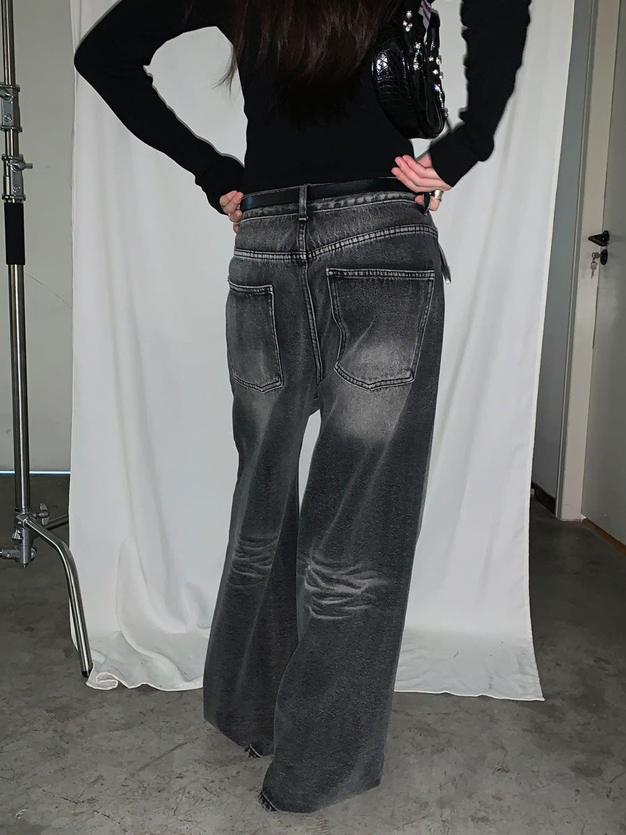 Old Retro Washed High Waist Wide Leg Denim Casual Trousers