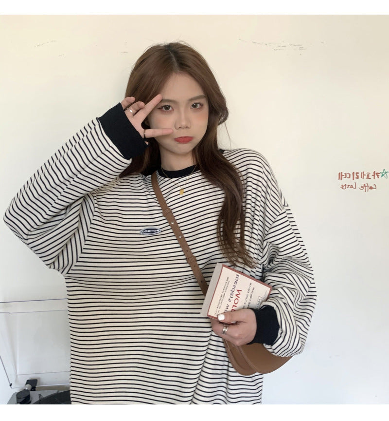 Thin Striped Long-sleeved Sweater Loose Round Neck Pullover