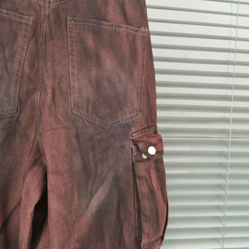 Rust Red Distressed Dirty Big Pocket Denim Wide Leg Pants