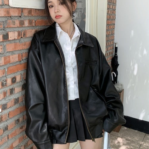 Zip up Short Leather Jacket