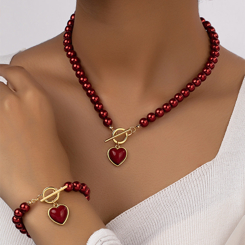 Pearl Bracelet And Necklace Set With Hearts Clavicle Chain