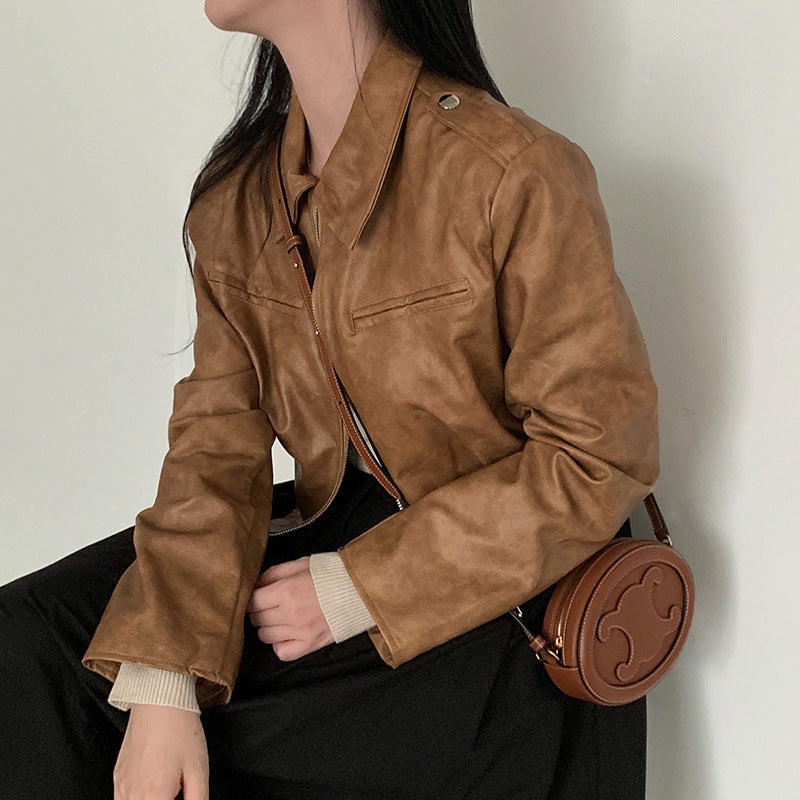 Lapel Long-sleeved Leather Jacket