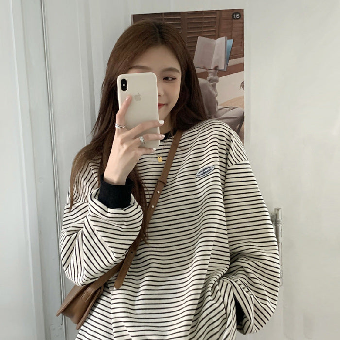 Thin Striped Long-sleeved Sweater Loose Round Neck Pullover