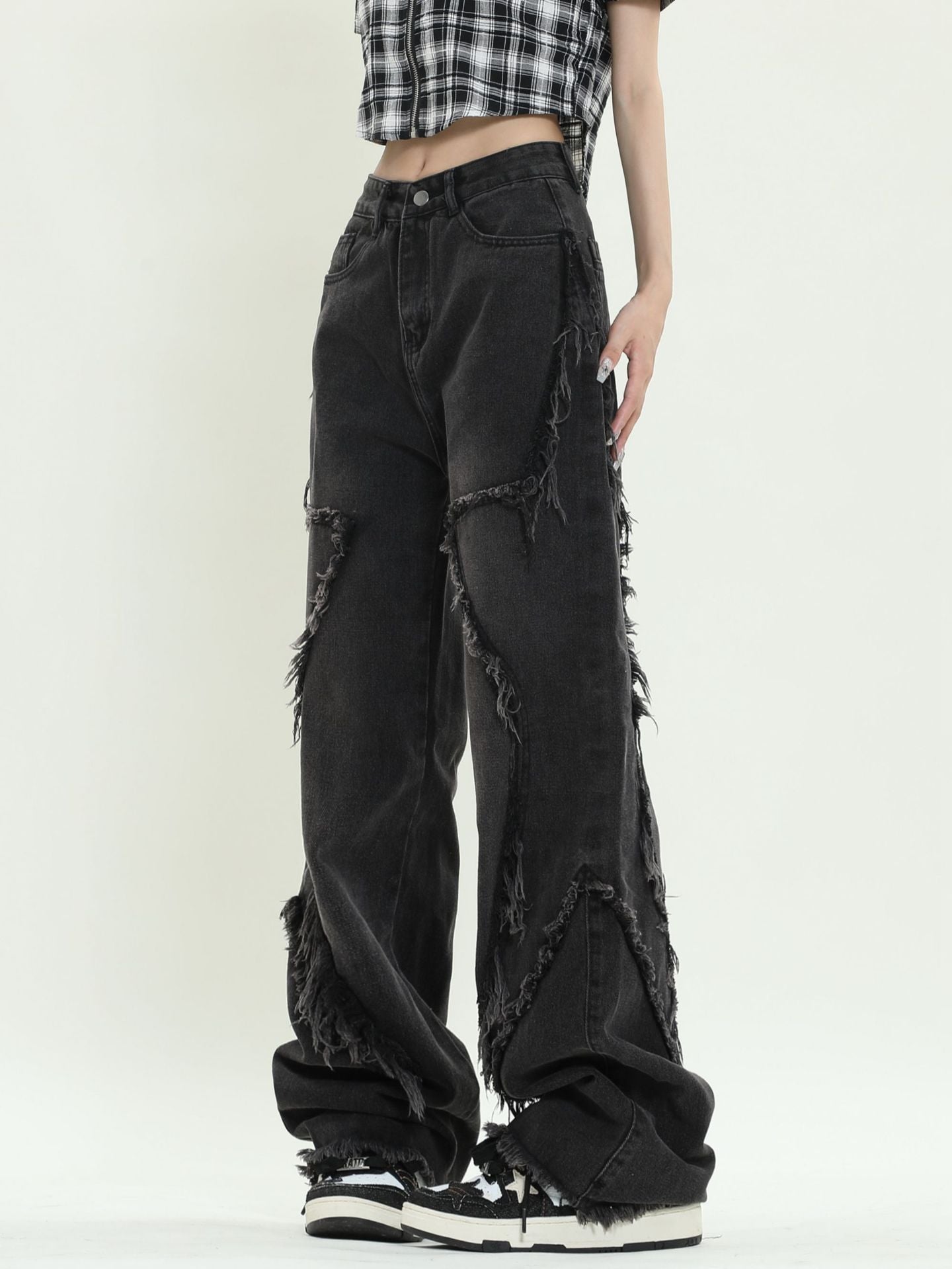 Retro Wide Leg Frayed Five-pointed Star Jeans Simple