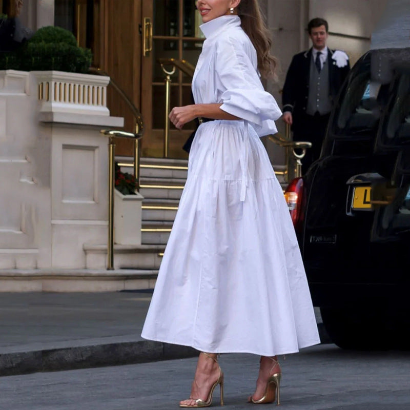 Pure White Lapel Belt Dress