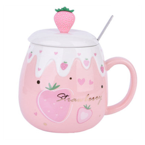 Strawberry Ceramic Coffee Mug With Lid And Spoon Kawaii