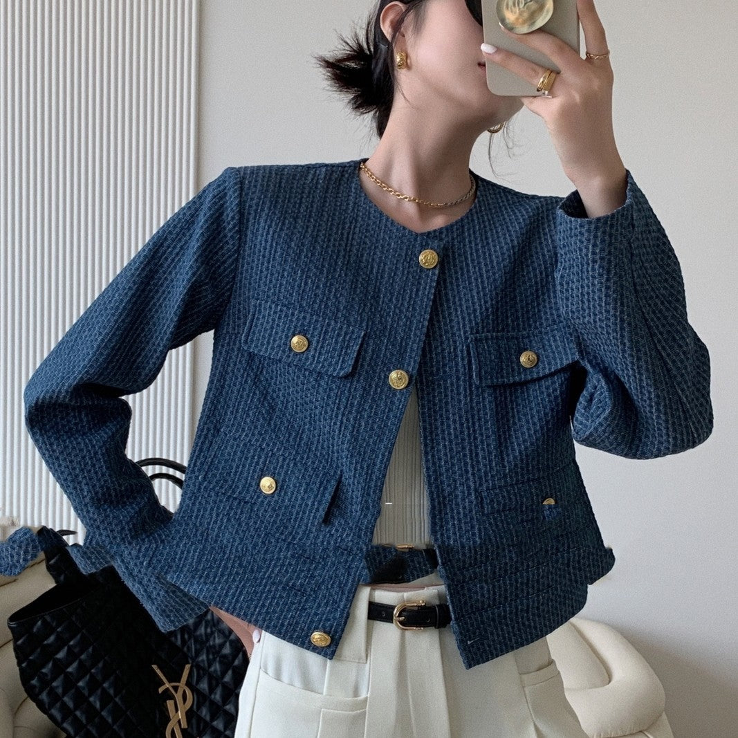 Gold Button Denim Short Coat