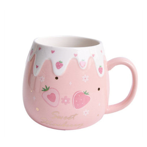 Strawberry Ceramic Coffee Mug With Lid And Spoon Kawaii