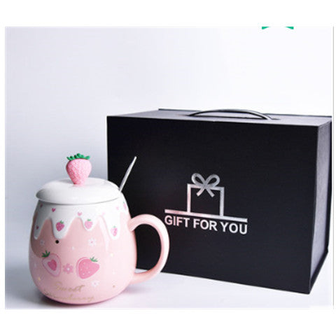 Strawberry Ceramic Coffee Mug With Lid And Spoon Kawaii