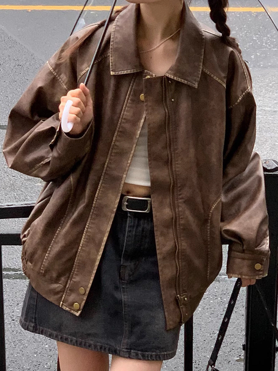 Retro Brushed Vintage Brown Leather Coat