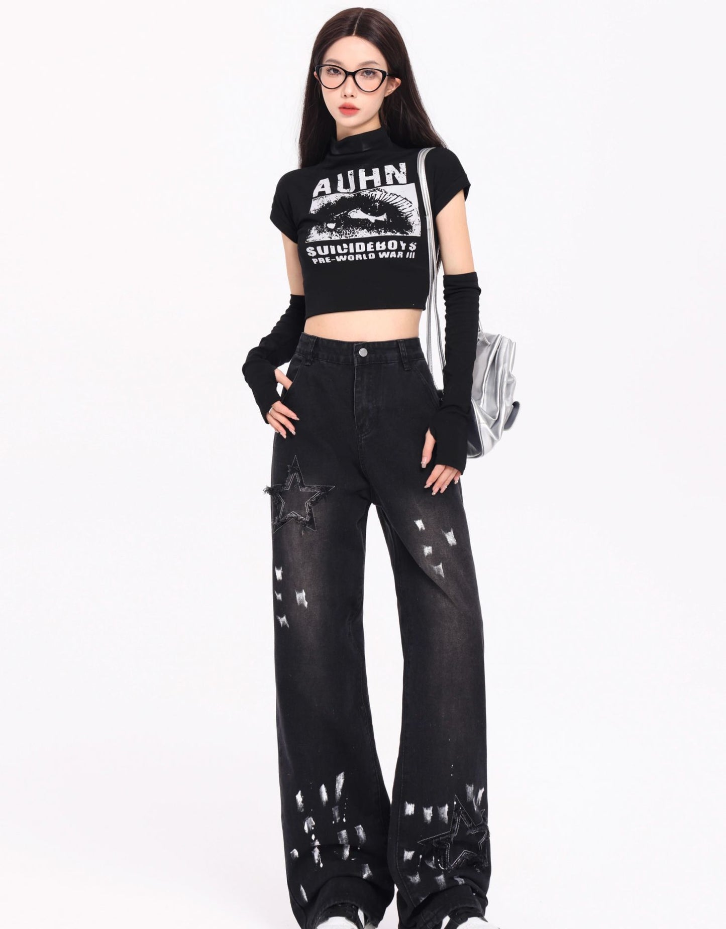 Korean Style Retro XINGX Embroidered Jeans Autumn And Winter New High Waist Splash-ink Wide Leg Straight Mop Pants