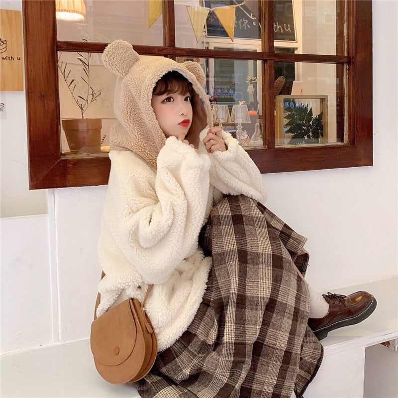 Cute Bear Ear Coat For Lamb Wool Winter Cardigan Top