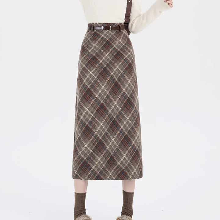 High Waist Mid-length Woolen Plaid Skirt