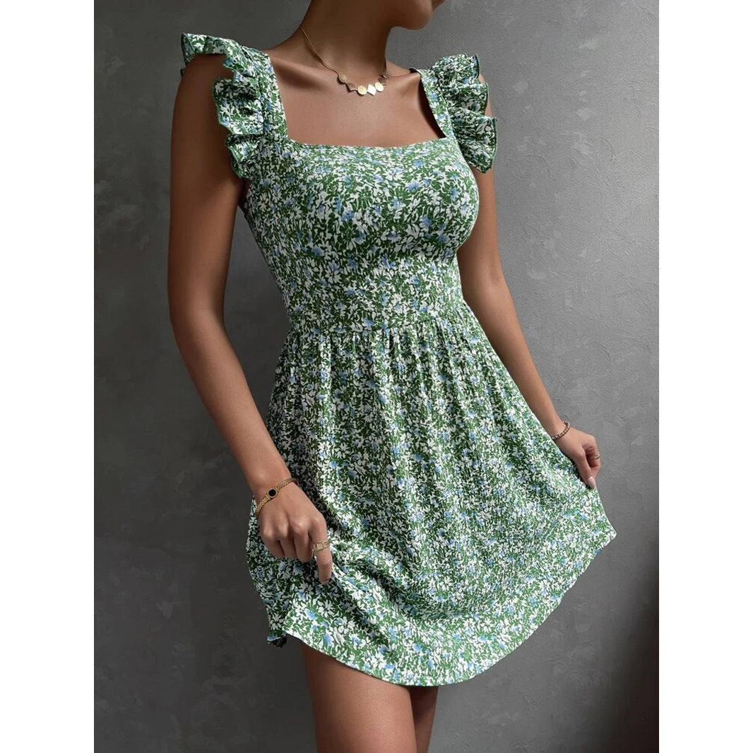 Square-neck Ruffled Sleeveless Dress