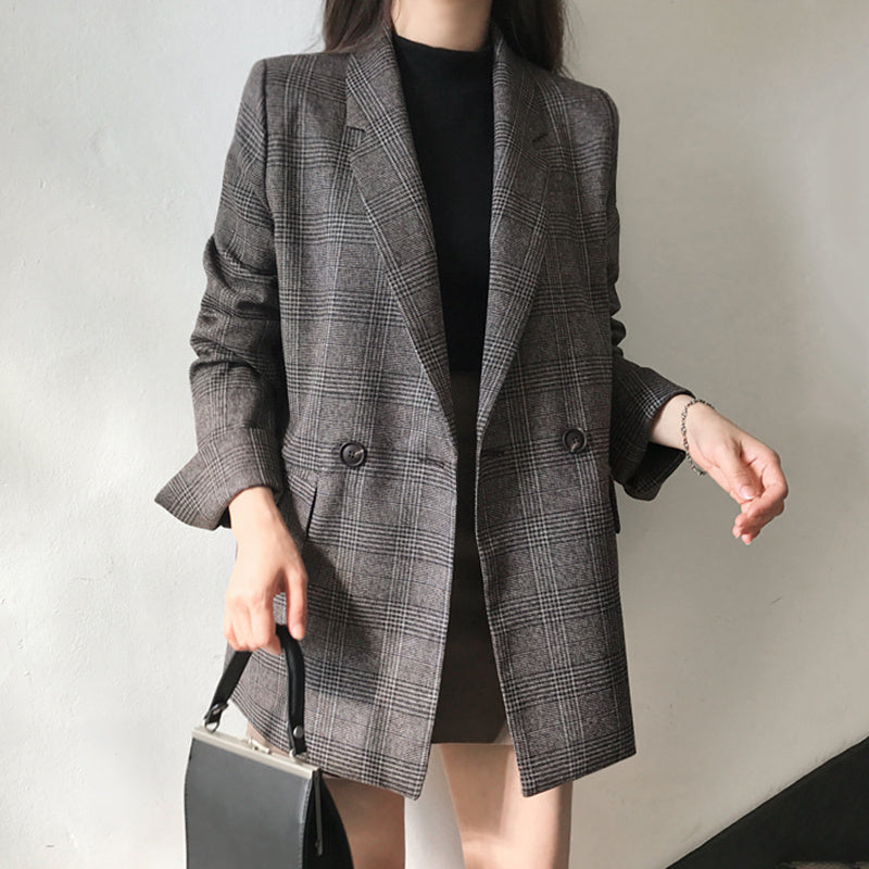 Simple Plaid Lapel Two Button Loose Jacket