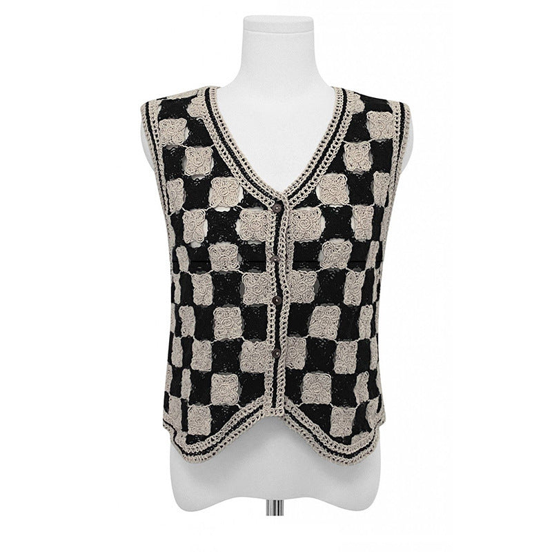 Checkerboard Plaid Crochet Cardigan Waistcoat