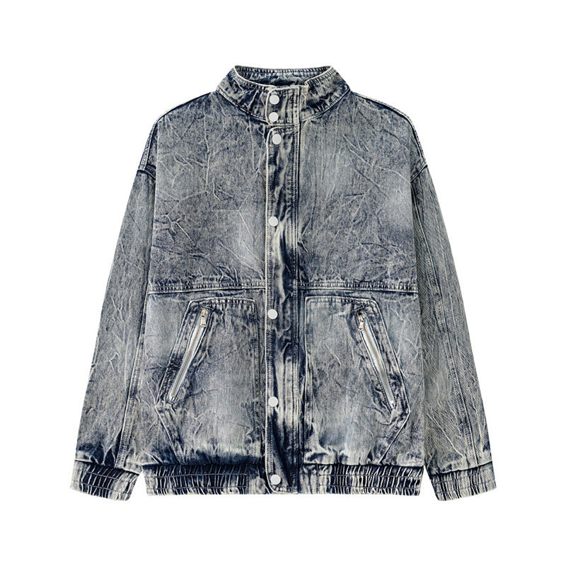 Stand-up Collar Washed Denim Jacket