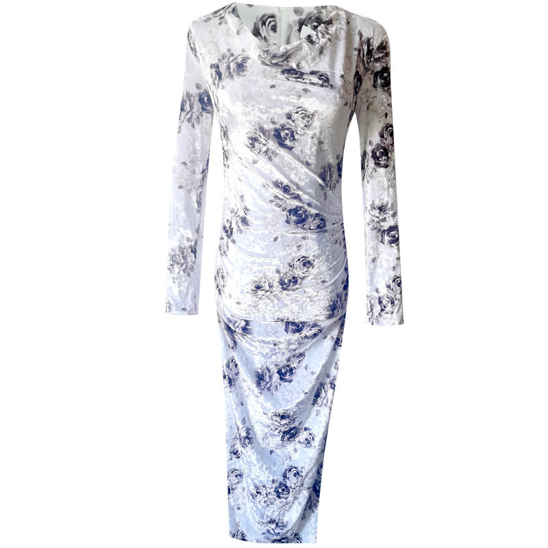 Floral Printed Mid-length Long-sleeved Dress