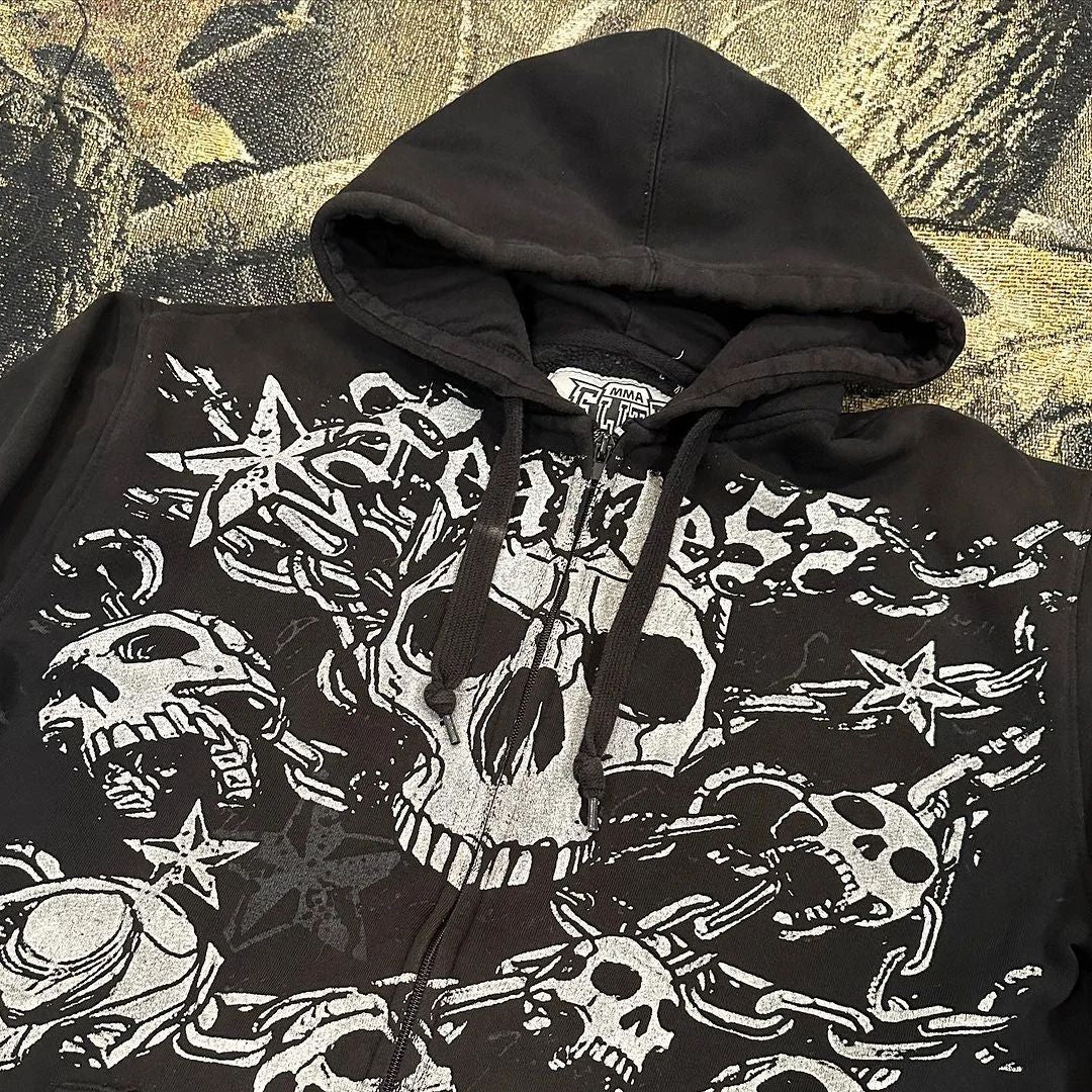 Punk Dark Skull Printed Hoodie Loose Zip Cardigan Sports Pullover Top