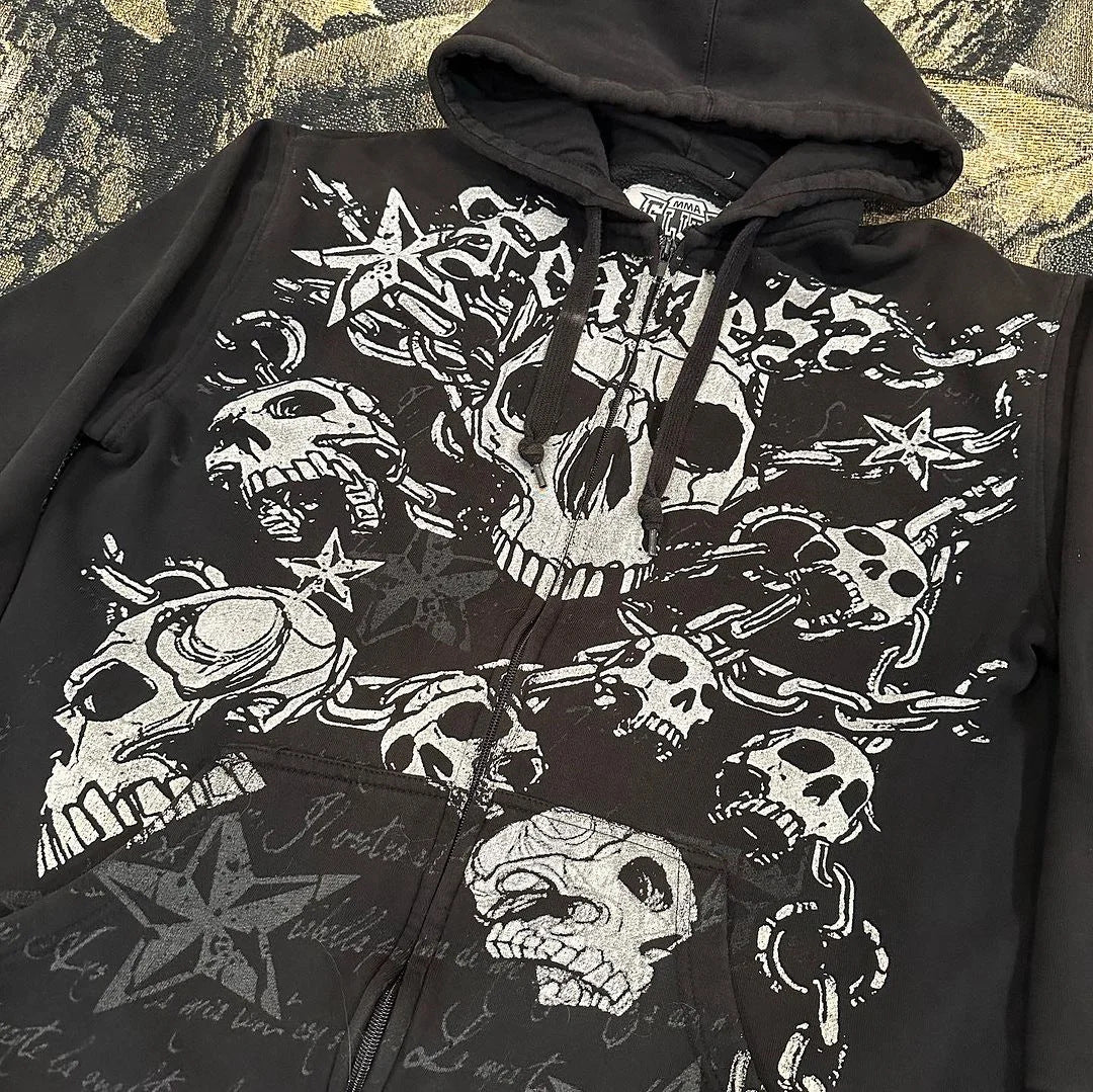 Punk Dark Skull Printed Hoodie Loose Zip Cardigan Sports Pullover Top