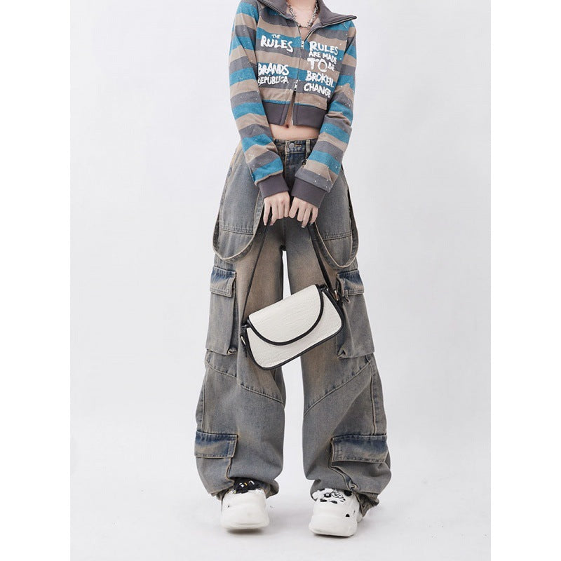 Retro Workwear Distressed Pocket Design Straight Mopping Pants