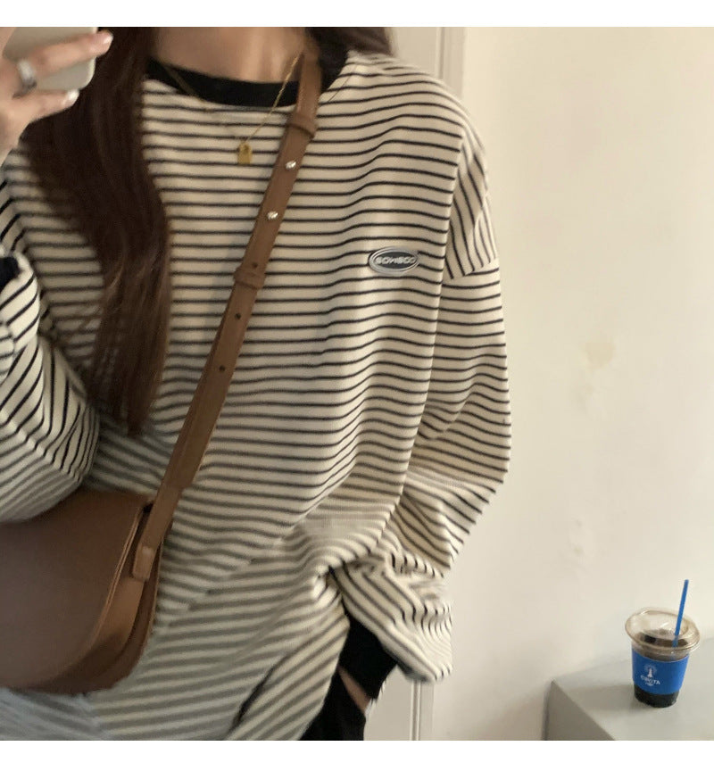 Thin Striped Long-sleeved Sweater Loose Round Neck Pullover