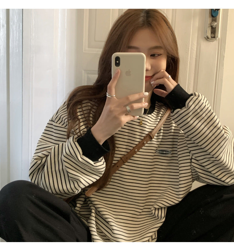 Thin Striped Long-sleeved Sweater Loose Round Neck Pullover