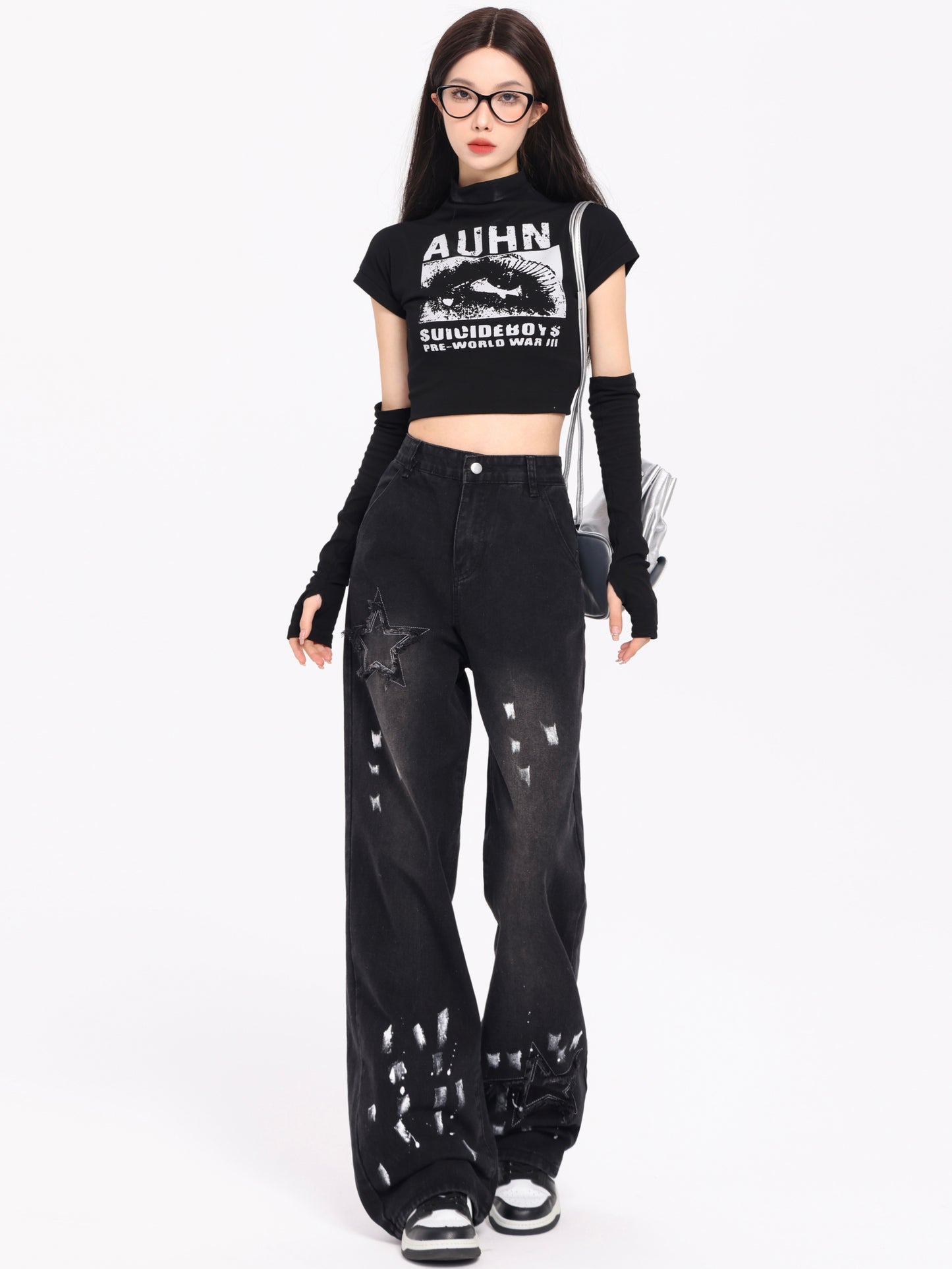 Korean Style Retro XINGX Embroidered Jeans Autumn And Winter New High Waist Splash-ink Wide Leg Straight Mop Pants